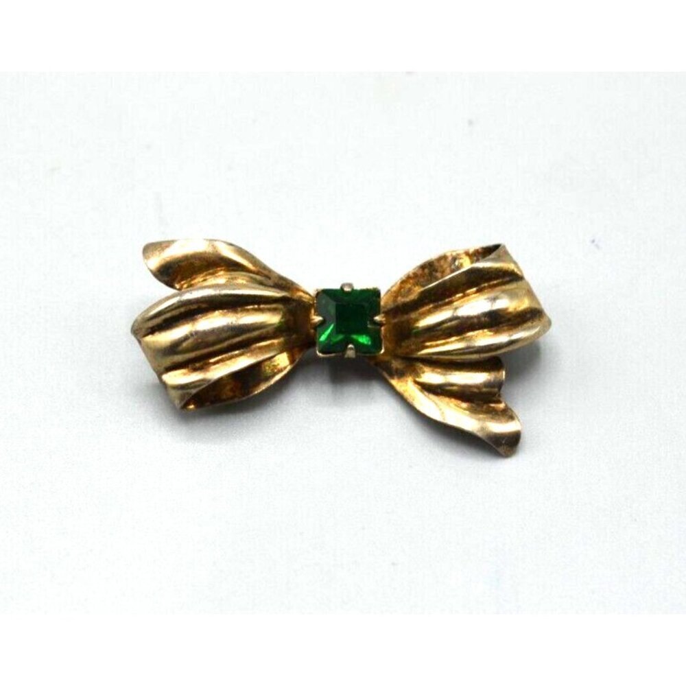 Sterling Silver Bow Brooch w Green Gem Bond Boyd Sterling Stamp 1.5" 3.6g